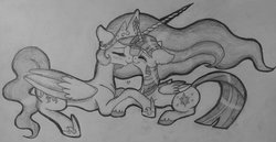 Size: 1024x529 | Tagged: safe, artist:themoonraven, princess celestia, twilight sparkle, alicorn, pony, g4, female, lesbian, mare, monochrome, nuzzling, ship:twilestia, shipping, twilight sparkle (alicorn)