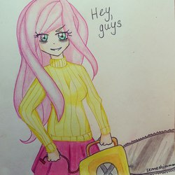Size: 1024x1024 | Tagged: safe, artist:niamunon, artist:semeshimmer, fluttershy, human, .mov, shed.mov, g4, chainsaw, clothes, female, fluttershed, humanized, pixiv, pony.mov, solo, sweater, sweatershy