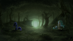 Size: 1920x1080 | Tagged: safe, artist:rouletteobsidian, princess celestia, princess luna, g4, forest, scenery, sitting