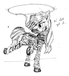 Size: 4288x4705 | Tagged: safe, artist:php64, applejack, zebra, g4, absurd resolution, female, lasso, monochrome, mouth hold, rope, solo, species swap, traditional art, unshorn fetlocks, zebrafied, zebrajack