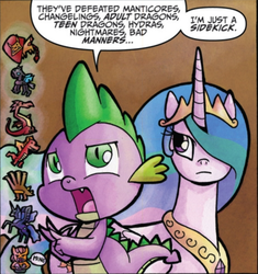 Size: 769x819 | Tagged: safe, idw, official comic, basil, garble, nightmare moon, princess celestia, spike, alicorn, changeling, dragon, hydra, manticore, pony, friends forever #3, g4, my little pony: friends forever, spoiler:comic, arson murder and jaywalking, duo, ethereal mane, female, male, mare, multiple heads, speech bubble, teenaged dragon
