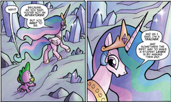 Size: 487x292 | Tagged: safe, idw, official comic, princess celestia, spike, alicorn, dragon, pony, friends forever #3, g4, my little pony: friends forever, spoiler:comic, comic, crystal, duo, ethereal mane, female, male, mare, speech bubble