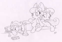 Size: 878x600 | Tagged: dead source, safe, artist:dfectivedvice, apple bloom, scootaloo, sweetie belle, g4, cutie mark crusaders, grayscale, gum, monochrome, sketch, traditional art