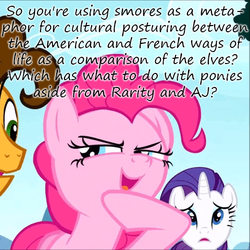 Size: 480x480 | Tagged: safe, applejack, cheese sandwich, pinkie pie, rarity, g4, pinkie pride, adventure in the comments, france, insane pony thread, s'mores, text, united states