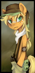 Size: 1042x2158 | Tagged: safe, artist:facerenon, applejack, earth pony, anthro, g4, bandaid, bandaid on nose, bipedal, clothes, female, hat, solo, wrench