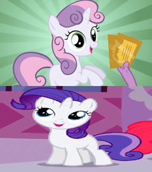 Size: 576x648 | Tagged: safe, rarity, spike, sweetie belle, g4, female, filly, filly rarity, fistful of tickets, fistful of yen, male, ship:raribelle, ship:spikebelle, shipping, straight, ticket, wrong aspect ratio, younger