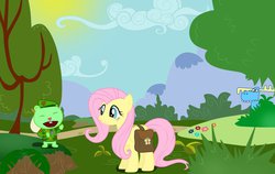 Size: 1024x649 | Tagged: dead source, safe, artist:artknorke, fluttershy, g4, flippy, happy tree friends, lumpy (happy tree friends), this will end in tears and/or death