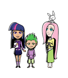 Size: 500x574 | Tagged: safe, artist:redhotkick, angel bunny, fluttershy, spike, twilight sparkle, human, g4, barefoot, feet, humanized, simple background, style emulation, viewtiful joe