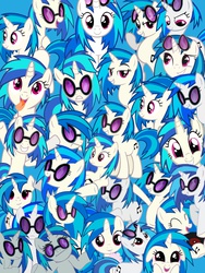 Size: 1200x1600 | Tagged: safe, artist:lozpony, dj pon-3, vinyl scratch, pony, unicorn, g4, collage, cutie mark, drink, drinking, eyes closed, female, filly, foal, hooves, horn, looking at you, mare, multeity, open mouth, record, shrug, shrugpony, smiling, so much pony, solo, sunglasses, teeth, tongue out, vector, vinyl album, younger