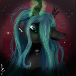 Size: 2000x2000 | Tagged: safe, artist:saoiirse, queen chrysalis, changeling, changeling queen, g4, crown, eyelashes, fangs, female, glowing, glowing horn, high res, horn, jewelry, magic, portrait, regalia, sad, solo