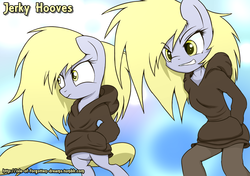 Size: 1280x900 | Tagged: safe, artist:isle-of-forgotten-dreams, derpy hooves, oc:jerky hooves, pegasus, anthro, g4, bipedal, hand in pocket