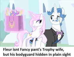 Size: 627x483 | Tagged: safe, edit, edited screencap, screencap, fancypants, fleur-de-lis, pony, unicorn, g4, sweet and elite, bodyguard, bowtie, canterlot, clothes, concave belly, duo, feather, female, glowing, glowing horn, headcanon, horn, jacket, magic, magic aura, male, mare, monocle, physique difference, raised hoof, shopping bag, slender, stallion, telekinesis, thin, turned head