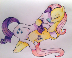 Size: 1027x821 | Tagged: safe, artist:sk-ree, fluttershy, rarity, g4, female, lesbian, ship:flarity, shipping, traditional art