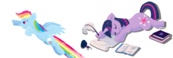 Size: 1291x433 | Tagged: safe, artist:denalilobita, artist:growly, rainbow dash, twilight sparkle, g4, action, book, happy, ink, quill pen, sleeping, smiling, spill, superman pose