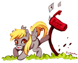 Size: 1280x1042 | Tagged: safe, artist:purochen, derpy hooves, pegasus, pony, g4, bucking, cute, derpabetes, female, letter, mailbox, mare, mouth hold, smiling, solo