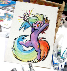 Size: 1000x1057 | Tagged: safe, artist:mamath, oc, oc only, oc:party popper, earth pony, pony, commission, convention, dancing, happy, hooves up, ink drawing, inking, paint, paper, party horn, party popper, photo, rainbow hair, solo, traditional art