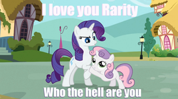 Size: 1054x592 | Tagged: safe, screencap, rarity, sweetie belle, g4, duo, image macro, meme, sweetie fail