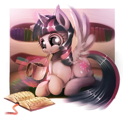 Size: 1711x1606 | Tagged: safe, artist:carligercarl, twilight sparkle, alicorn, pony, g4, book, drinking, female, magic, mare, mug, out of frame, prone, smiling, solo, spread wings, twilight sparkle (alicorn)