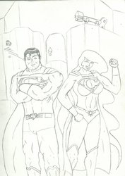 Size: 752x1061 | Tagged: safe, artist:flanaganisking, princess celestia, human, g4, crossover shipping, female, fortress of solitude, humanized, male, monochrome, straight, supelestia, superman, the crack otp to end all crack otps, traditional art, wink