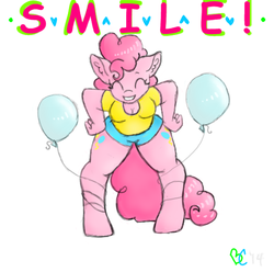 Size: 532x528 | Tagged: safe, artist:bunnycat, pinkie pie, earth pony, anthro, g4, balloon, clothes, female, happy, smiling, solo