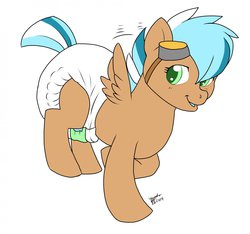 Size: 1280x1197 | Tagged: safe, artist:tatergator, pegasus, pony, adoptable, diaper, diaper fetish, fetish, foal, goggles, non-baby in diaper, poofy diaper, solo