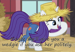 Size: 700x488 | Tagged: safe, rarity, g4, my little pony: friendship is magic, simple ways, alternate hairstyle, derp, female, hat, insane pony thread, nose picking, overalls, rarihick, solo, straw hat, tail, tail hole, wedgie