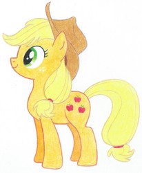 Size: 1731x2105 | Tagged: safe, artist:muffin mane, applejack, g4, female, hat, simple background, solo, traditional art