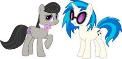 Size: 956x462 | Tagged: safe, artist:ruinedomega, dj pon-3, octavia melody, vinyl scratch, earth pony, pony, unicorn, g4, bowtie, duo, duo female, female, horn, mare, ponyscape, raised hoof, simple background, transparent background, vinyl's glasses