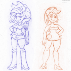 Size: 1024x1024 | Tagged: safe, artist:scobionicle99, applejack, rarity, human, g4, simple ways, applejewel, clothes, daisy dukes, humanized, rarihick