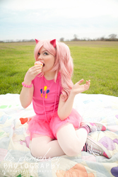 Size: 467x700 | Tagged: safe, artist:teacup-sora, pinkie pie, human, g4, cosplay, cupcake, eating, irl, irl human, photo, solo