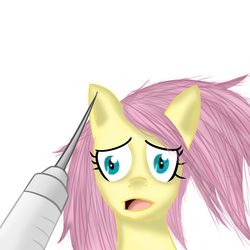 Size: 2000x2000 | Tagged: safe, artist:kriswanted, fluttershy, g4, female, high res, injection, scared, simple background, solo, syringe