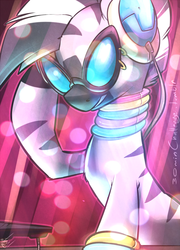 Size: 866x1200 | Tagged: safe, artist:atryl, zecora, zebra, g4, 30 minute art challenge, bracelet, female, headphones, jewelry, neck rings, quadrupedal, solo, sunglasses