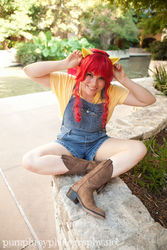 Size: 683x1024 | Tagged: safe, artist:teacup-sora, apple bloom, human, g4, boots, cosplay, irl, irl human, overalls, photo, sitting, solo