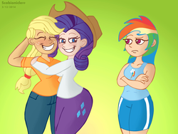 Size: 5054x3800 | Tagged: safe, artist:scobionicle99, applejack, rainbow dash, rarity, human, g4, female, humanized, lesbian, rarijackdash, ship:rarijack, shipping