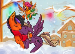 Size: 1280x931 | Tagged: safe, artist:renaifoxi, scootaloo, oc, pegasus, pony, g4, clothes, female, kissing, male, oc x oc, scarf, shipping, snow, snowfall, spread wings, straight