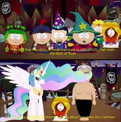 Size: 1012x1022 | Tagged: safe, princess celestia, g4, big bad government guy, butters stotch, castle, censored, crossover, douchebag, eric cartman, jimmy valmer, kenny mccormick, kyle broflovski, male, morgan freeman, night, ponified, skull, south park, south park: the stick of truth, stan marsh, the new kid, video game