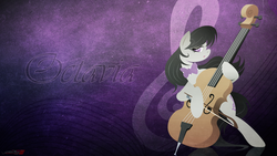 Size: 1920x1080 | Tagged: safe, artist:rariedash, artist:vipeydashie, octavia melody, earth pony, pony, g4, bowtie, cello, cutie mark, cutie mark background, female, hooves, lineless, mare, musical instrument, solo, text, vector, wallpaper