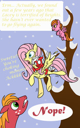 Size: 1200x1920 | Tagged: safe, artist:pampoke, big macintosh, fluttershy, oc, oc:lacey rose, oc:pink lady, earth pony, pegasus, pony, g4, an apple and four angels, female, filly, lacey rose riding fluttershy, male, offspring, parent:big macintosh, parent:fluttershy, parents:fluttermac, riding, ship:fluttermac, shipping, stallion, straight, tongue out
