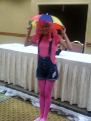 Size: 3000x4000 | Tagged: safe, artist:the-flying-elephant, pinkie pie, human, g4, convention, cosplay, hat, irl, irl human, overalls, photo, solo, st. louis crystal fair, umbrella hat