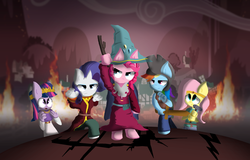 Size: 900x576 | Tagged: safe, artist:oscarndraw, fluttershy, pinkie pie, rainbow dash, rarity, twilight sparkle, anthro, g4, crossover, hammer, ponyville and the stick of harmony, south park, south park: the stick of truth, stick, wooden sword