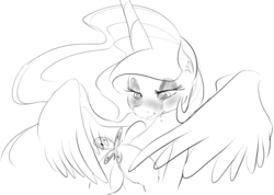 Size: 1250x889 | Tagged: safe, artist:zev, princess celestia, butterfly, g4, crying, female, grayscale, monochrome, solo