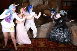 Size: 2048x1366 | Tagged: safe, artist:ashleymkalfascosplayer, princess cadance, princess celestia, queen chrysalis, shining armor, human, g4, animeland wasabi, clothes, convention, cosplay, fight, irl, irl human, photo, shoes, skirt, suit, tube skirt