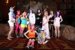 Size: 2048x1366 | Tagged: artist needed, safe, artist:ashleymkalfascosplayer, artist:lochlan o'neil, derpy hooves, discord, fluttershy, pinkie pie, princess cadance, princess celestia, queen chrysalis, rarity, scootaloo, shining armor, human, g4, 2014, animeland wasabi, cosplay, group photo, irl, irl human, photo