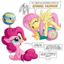 Size: 1000x1000 | Tagged: safe, artist:berrypawnch, angel bunny, fluttershy, pinkie pie, earth pony, pegasus, pony, g4, andrea libman, angel bunny is not amused, angry, balloon, blush sticker, blushing, cannon, carrying, cute, dialogue, eyes closed, female, frown, glare, grumpy, hoof hold, lidded eyes, looking back, mare, open mouth, party cannon, personality swap, role reversal, sad, sadorable, shy, shyabetes, simple background, smiling, speech bubble, spread wings, transparent background, unamused, underhoof, voice actor joke, wings, yay