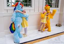 Size: 5520x3838 | Tagged: artist needed, safe, fluttershy, rainbow dash, spitfire, human, g4, 2014, cosplay, fursuit, hug, irl, irl human, katsucon, photo