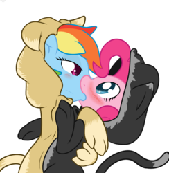 Size: 1013x1040 | Tagged: dead source, safe, artist:mostazathy, pinkie pie, rainbow dash, earth pony, pegasus, pony, g4, animal costume, blushing, cat costume, clothes, duo, female, kiss on the lips, kissing, lesbian, mare, ship:pinkiedash, shipping