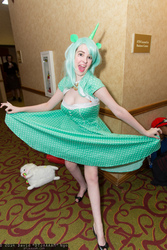Size: 1365x2048 | Tagged: safe, artist:lochlan o'neil, lyra heartstrings, human, g4, animeland wasabi, cleavage, clothes, convention, cosplay, dress, female, irl, irl human, photo, solo