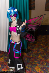 Size: 1365x2048 | Tagged: safe, artist:pyrotempertantrum, dj pon-3, vinyl scratch, human, g4, 2014, animeland wasabi, belly button, cosplay, grin, irl, irl human, midriff, photo, raver, smiling, solo, sunglasses, wings