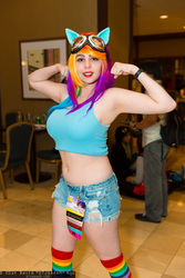 Size: 1365x2048 | Tagged: safe, artist:geekeryandsuch, rainbow dash, human, g4, belly button, big breasts, breasts, busty rainbow dash, cosplay, flexing, irl, irl human, photo, rainboob dashie ali