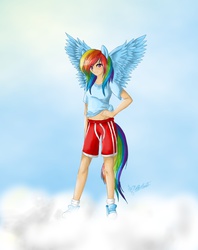 Size: 1536x1936 | Tagged: safe, artist:altohearts, rainbow dash, human, g4, eared humanization, female, humanized, solo, tailed humanization, winged humanization